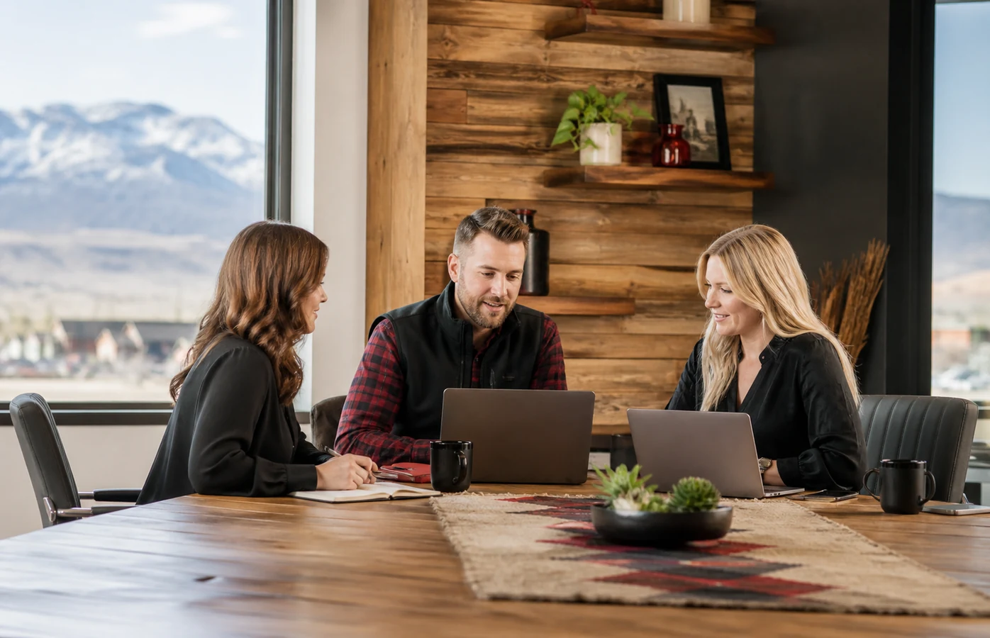 Professional team collaborating in a Wyoming-inspired business setting